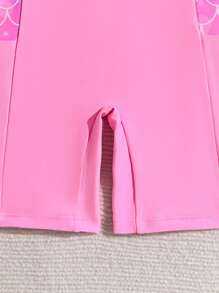 SHEIN 女童圆领半拉链短袖插肩袖连体泳衣，夏季 - 淺粉色 - 查看 3