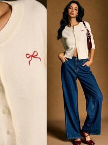 Poéselle White Knitted Top, Long Sleeve Cardigan, Bow Embroidery, Autumn Clothing,Office Attire For Women,1pc Women's Casual Versatile Bowknot Embroidery Cardigan Women Cropped Cardigan Crop Cardigan Women Cream Cardigan,The Fabric Is Soft And Comfortable, Suitable For Daily Wear, Going Out, Home, Dating,Fall Women Clothes , Holidays And Other Occasions - Apricot - View 1