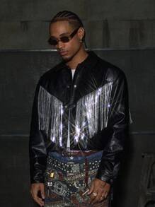 AXEPEAK Men's Turndown Collar Long Sleeve Fringe Detail Short Jacket , Fall Winter, Grunge - Black - View 4