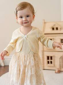 SHEIN The Baby Girl's Fashionable, Elegant And Sweet Apricot Strappy Jacquard Mesh Dress Pairs Well With A Long-Sleeved, Wavy Short Coat With A Bow, Making It Suitable For Daily Wear, Going To School, Attending Gatherings, And Outdoor Spring And Autumn - Apricot - View 7