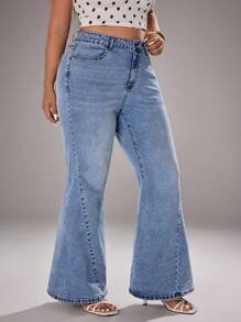 Jeanoix 大码蝴蝶刺绣口袋弹力喇叭牛仔裤 - 藍色 - 查看 4