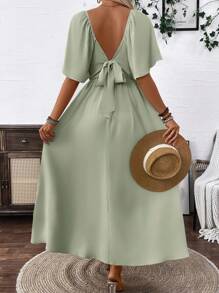 Clasi Breezaya 女式绿色波西米亚风方形优雅领口浪漫毕业生日礼服音乐会服装海滩女士服装泡泡袖露背蝴蝶结连衣裙带蝴蝶结春夏超长度假柔软面料荷叶边袖长裙 - 綠色 - 查看 2