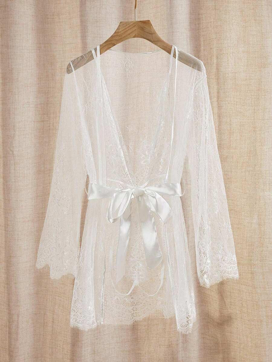Charlaine Eyelash Lace Belted Teddy Bodysuit Lingerie With Robe Bridal Lingerie For Going Out - White - View 1