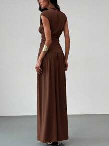 Aloruh New Elegant Stand Collar Pleatered Slim Fit Top And High Waist Skirt 2 Pieces Outfit, Commuting, Outing, Date - Coffee Brown - View 2