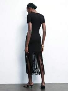 Maija Váy mùa hè màu đen dành cho nữ, cổ tròn có họa tiết hoa vàng ở vai, dáng ôm vừa vặn, tay ngắn, viền tua rua bồng bềnh, thời trang thanh lịch gợi cảm cho ngày lễ, kỳ nghỉ, lễ hội âm nhạc và phong cách cổ điển - màu đen - Xem 6