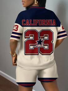 Slaydiva 2pcs/Set Plus Size Casual Minimalist Numeric Print Sports Set, Suitable For SummerSummer Outfits For Women,Two Piece Set Women,Back To School Suitable For Going Out - Multicolor - View 2