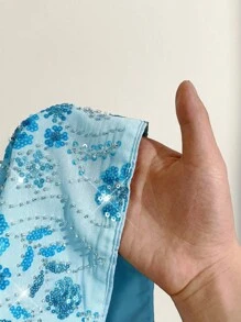 Amplova Bộ 2 món áo hở lưng buộc dây phía trước và chân váy ngắn in họa tiết hoa đính sequin và hạt cườm gợi cảm dành cho kỳ nghỉ bãi biển dành cho nữ cỡ lớn - Màu xanh lam - Xem 3