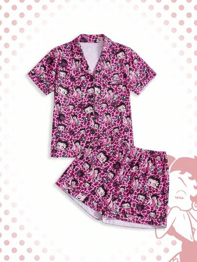 Betty Boop | ROMWE Damen Sommer Lässig Kragen Leoparden Muster Kurzarm Top & Shorts Pyjama Set