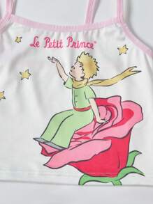 LE PETIT PRINCE X SHEIN 4pcs Young Girl White & Pink Cute Cartoon Rose And Star Print Summer Allover Print Camisole Top & Boxy Panty Set,Kawaii,Sweet,Soft & Comfortable - Pink - View 9