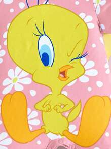 LOONEY TUNES X SHEIN Pelele informal y lindo con estampado de flores y dibujos animados para bebé niña