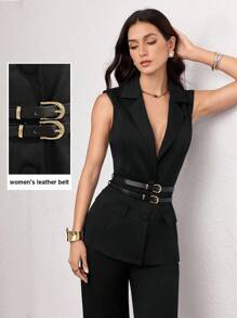 Modelyn 女士两件套：无袖束腰上衣和阔腿裤 - 黑色 - 查看 2