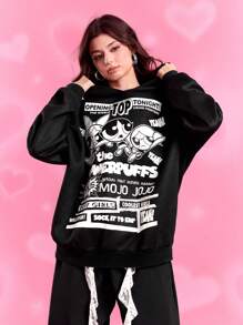 THE POWERPUFF GIRLS X SHEIN 女士时尚美式街头风格卡通字母印花落肩宽松连帽衫 - 黑色 - 查看 1