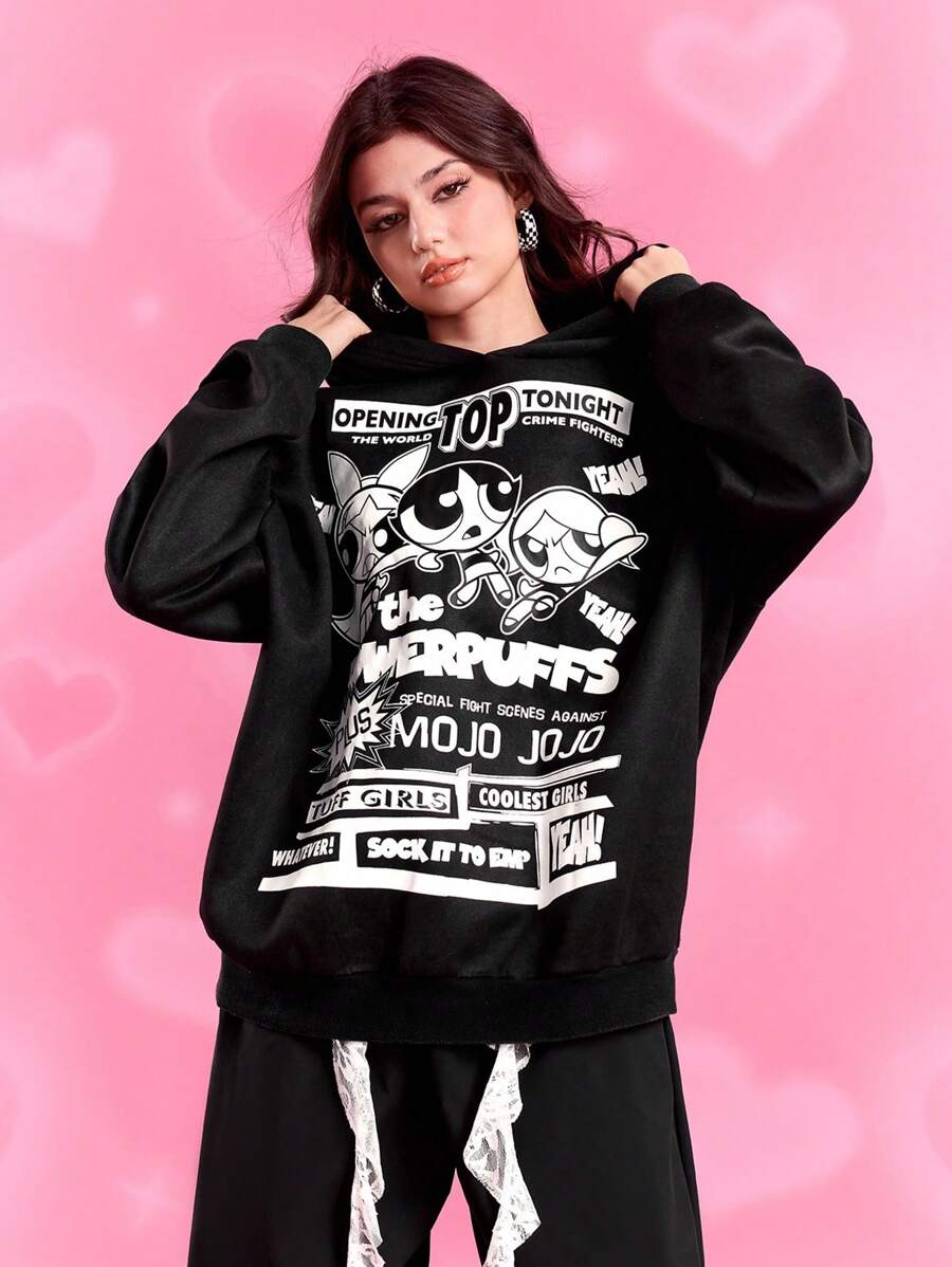 THE POWERPUFF GIRLS X SHEIN 女士时尚美式街头风格卡通字母印花落肩宽松连帽衫 - 黑色 - 查看 1