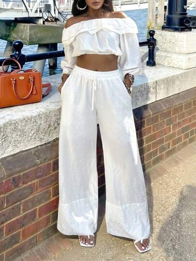 2pcs Women Set Solid Color Off-The-Shoulder Crop Top & Pants