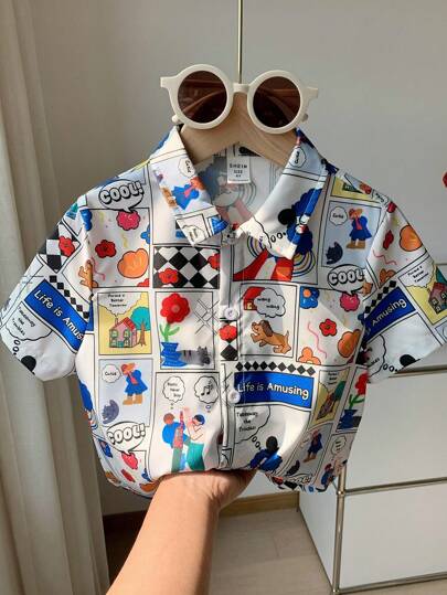 嬰兒男童休閒可愛卡通圖案短袖翻領襯衫，適合夏季輕盈款式