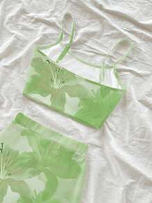 Soleia Set de top de tirantes y falda envolvente con estampado de lirio y hibisco en estilo teñido anudado casual de vacaciones para mujeres