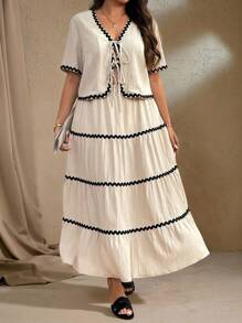 Roveilla Plus Size Women's Boho 2pcs Set: Color Block Trim V-Neck Short Sleeve Tie Front Blouse And Ruffle Hem Mini Skirt, For Summer