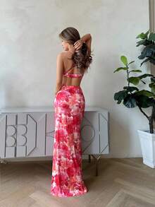 Jemour Đầm Lộ Lưng Hội Chữ thập Xù Dây kéo Hoa Boho - Màu Cam san hô - Xem 2