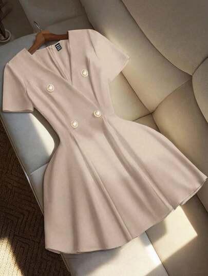 Franclia 女士纯色双排扣短袖优雅迷你连衣裙夏季大学校园服装