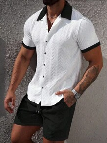 Manfinity CasualCool Bộ áo sơ mi tay ngắn và quần short vải họa tiết tương phản mùa hè dành cho nam Áo sơ mi nam mùa hè - Đen và trắng - Xem 3