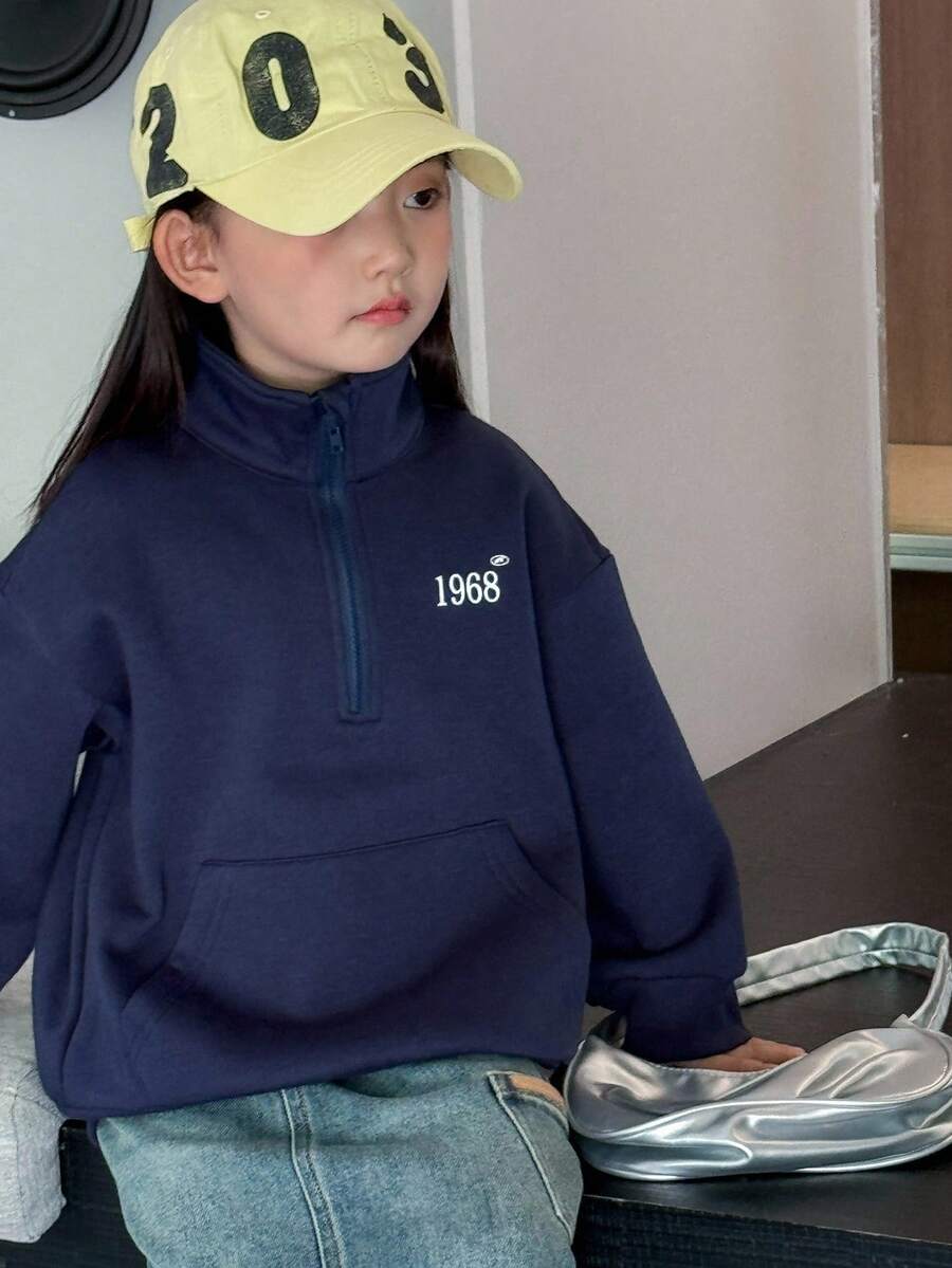 DAZY 女童针织抓绒印花卫衣，秋冬季 - 藏蓝色 - 查看 1