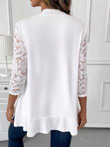 SHEIN Clasi Women's Black Contrast Lace Ruffled Hem Collarless Jacket,Fall Women Clothes ,Business Casual Women