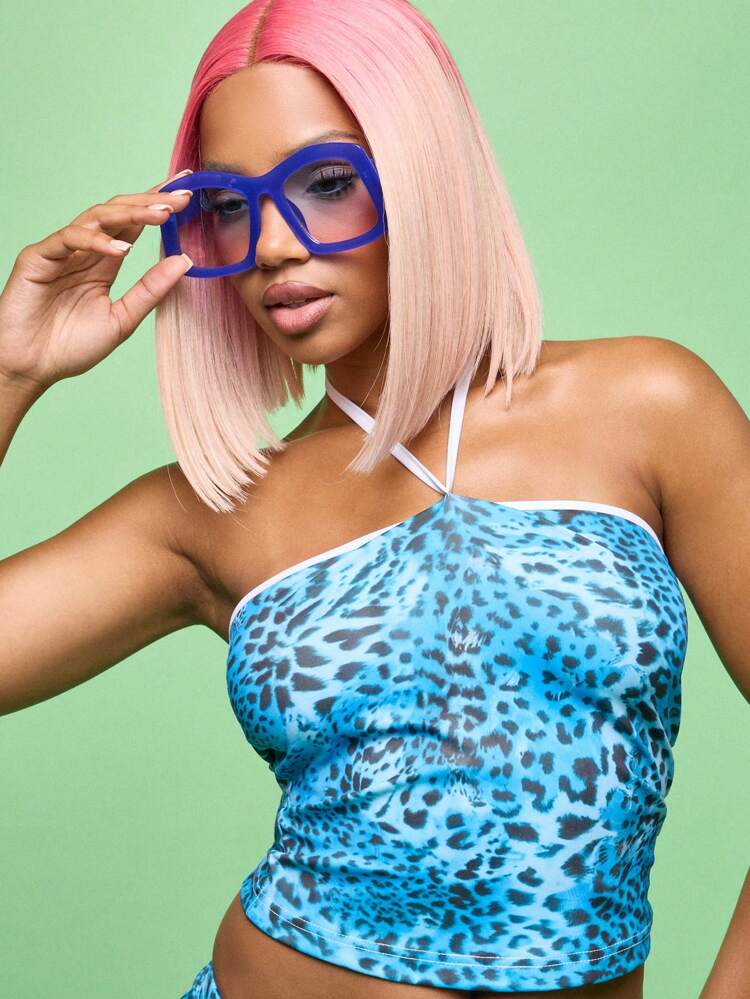 SUMWON WOMEN Halter Neck Crop Top With Leopard Print And Contrast Binding