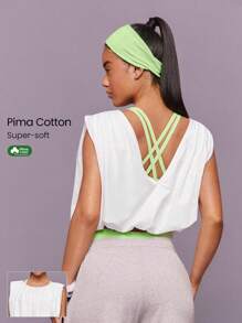 GLOWMODE 比马棉 柔软有弹性 轻盈 腰长 泡泡袖 深 V 型背心 无袖 肌肉短款上衣 日常休闲装 - 白色 - 查看 1