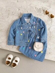 Elladie kids 女婴两件套牛仔套装，秋冬新品，可爱俏皮风格，时尚修身，牛仔蓝水洗牛仔外套和裙子套装，彩色花卉刺绣，适合外出和新品 - 中等水洗藍 - 查看 3