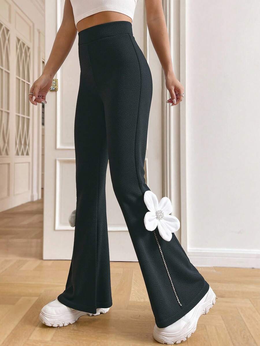 Young Girl Floral 3D Decor Flare Leg Pants - Black - View 1