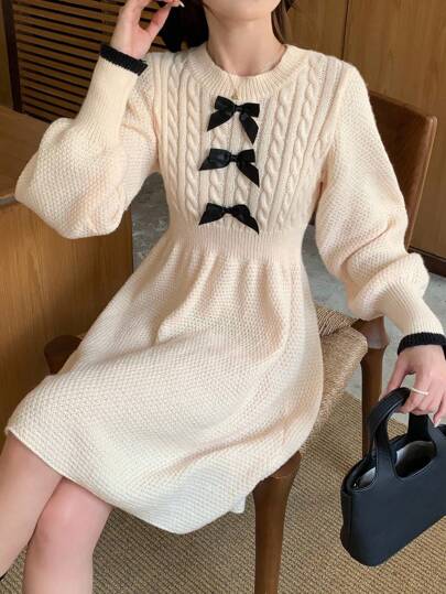 SHEIN Teen Girls' Casual Commuter Elegant Crew Neck Knit Textured Puff Sleeve Cinched Waist A-Line Dress, Butterfly Contrast Color A-Line Mini Dress, Sweater Dress, Early Autumn/Winter Girls Sweater Dress Beige Dress For Teen Girls Teen Girl Dress Knit Dress Bow Knit Dress