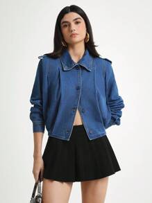 Daynim 女式单排扣休闲长袖牛仔夹克 - 中等水洗藍 - 查看 5