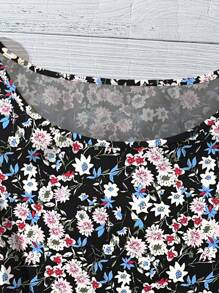Linhara 大码女式休闲度假碎花荷叶袖宽松衬衫 - 黑色 - 查看 4