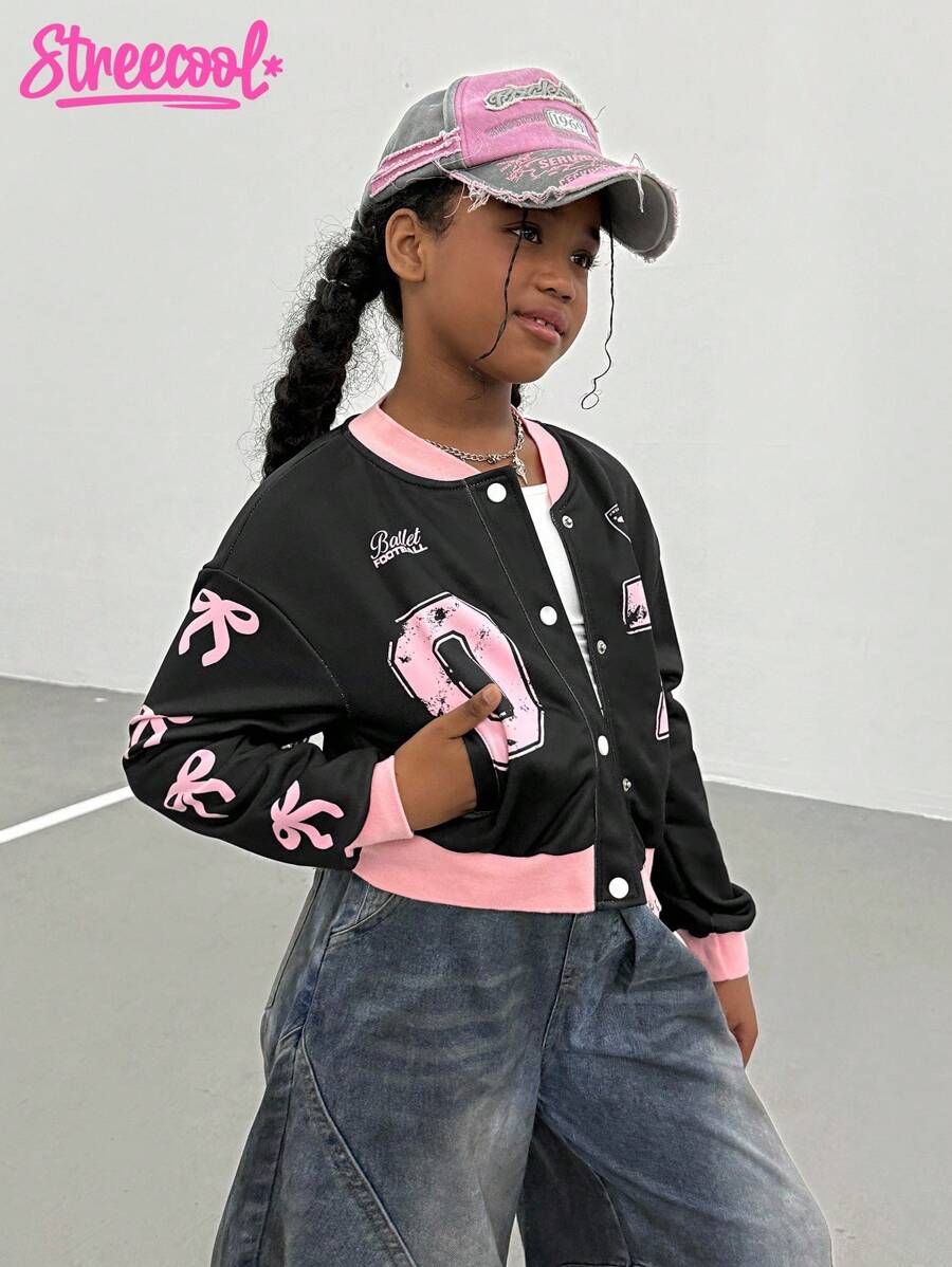 Tween Girls' Casual Everyday Contrast Trim Bow Print Button-Up Jacket Fall Winter - Black - View 1