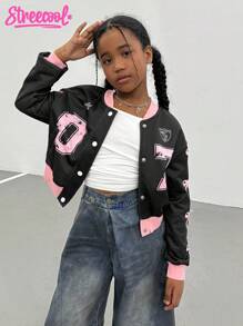 Tween Girls' Casual Everyday Contrast Trim Bow Print Button-Up Jacket Fall Winter - Black - View 3