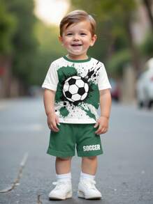 SHEIN 2pcs Baby Boy Casual Fashionable Classic Cool Football Graphic Print Round Neck Short Sleeve Top And Shorts Set, Suitable For Summer, Sports, Football Baby Boy Soccer Outfit Baby Boy Soccer Outfit Soccer Set Baby Boy Clothes Summer Set Green Summer Outfits For Infant Boy Green Soccer Outfit Baby Boy - Multicolor - View 2