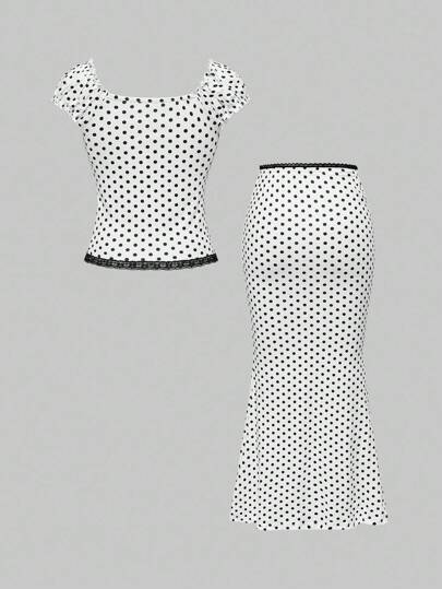 Kawaii Back To School Summer Outfits For Women: V-Neck Bowknot Decor Black & White Polka Dot Lace Patchwork Slimming 2 Pieces Set, Top + Skirt