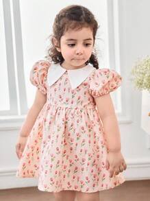 Vestido de manga corta con estampado de Peter Pan Collar Ditsy para niña bebé - Rosa - Ver 3