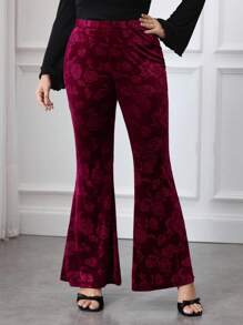 SHEIN MOD 加大码高腰天鹅绒压花提花松紧腰喇叭裤，加大码天鹅绒喇叭裤 - 酒紅色 - 查看 7