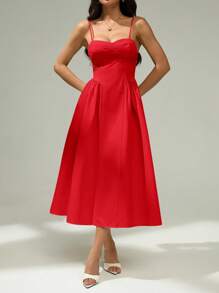 SHEIN PETITE Women's Solid Color Waist Cinched Elegant Spaghetti Strap Dress Red Midi Dress,Elegant Dresses For Women,Party Dresses For Women ,Petite Women - Red - View 6