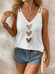 SHEIN LUNE Camiseta sin mangas casual de mujer con cuello en V y holgada, con tirantes ajustables, estampado de corazón, adecuada para el verano
