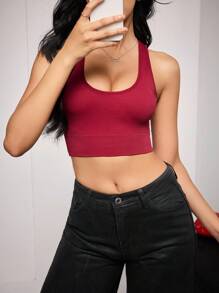 Sujetador inalámbrico de yoga de unicolor con diseño cruzado acanalado acanalado - Burdeos - Ver 2