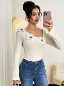 Modelyn Women's Asymmetrical Collar Long Sleeve Elegant T-Shirt With 3D Floral Decor, Spring Autumn Graphic Tees Women Tops For Spring Fall Cloth For Women - Apricot - View 6