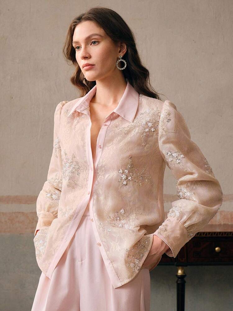 Blusa versatile a maniche lunghe da donna, top casual di lusso con decorazioni di perline e paillettes