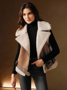 Anewsta 女式秋冬仿羊毛绒和麂皮拼布翻领背心夹克 - 摩卡棕 - 查看 7