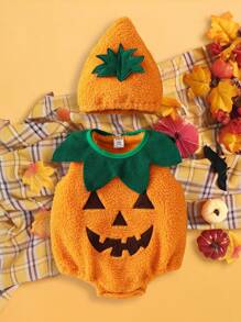 SHEIN 3 件套新生儿南瓜图案毛绒无袖连体衣，带帽子和围兜，可爱万圣节服装