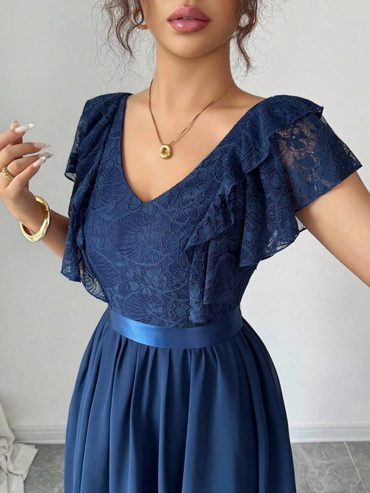 Elenzga Vestido largo elegante de manga corta con cuello en V, parche y línea A para mujeres - Azul Marino - Añade 6