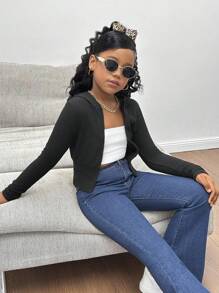 Tween Girl Casual Simple Slim Fit Zip Up Sweatshirt For Fall/Winter,Long Sleeve Tops - Black - View 5