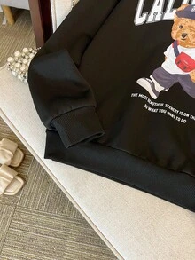 Teen Girls' Black Bear & Letter Graphic Loose Fit Crew Neck Sweatshirt Pullover - Black - View 6
