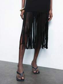 Maija Váy mùa hè màu đen dành cho nữ, cổ tròn có họa tiết hoa vàng ở vai, dáng ôm vừa vặn, tay ngắn, viền tua rua bồng bềnh, thời trang thanh lịch gợi cảm cho ngày lễ, kỳ nghỉ, lễ hội âm nhạc và phong cách cổ điển - màu đen - Xem 5